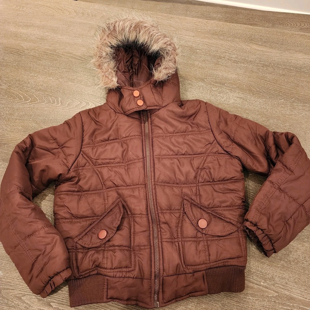 Wet Seal Y2k Womens‎ Brown Faux Fur Hooded Cropped Bomber Puffer Coat L